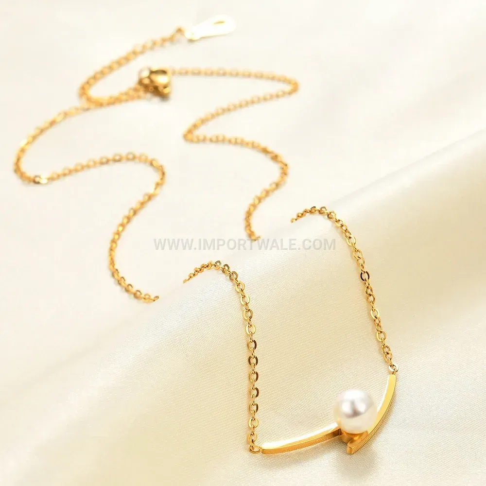 Stainless Steel Pearl Pendant Necklace with Crossover Geometric Charm