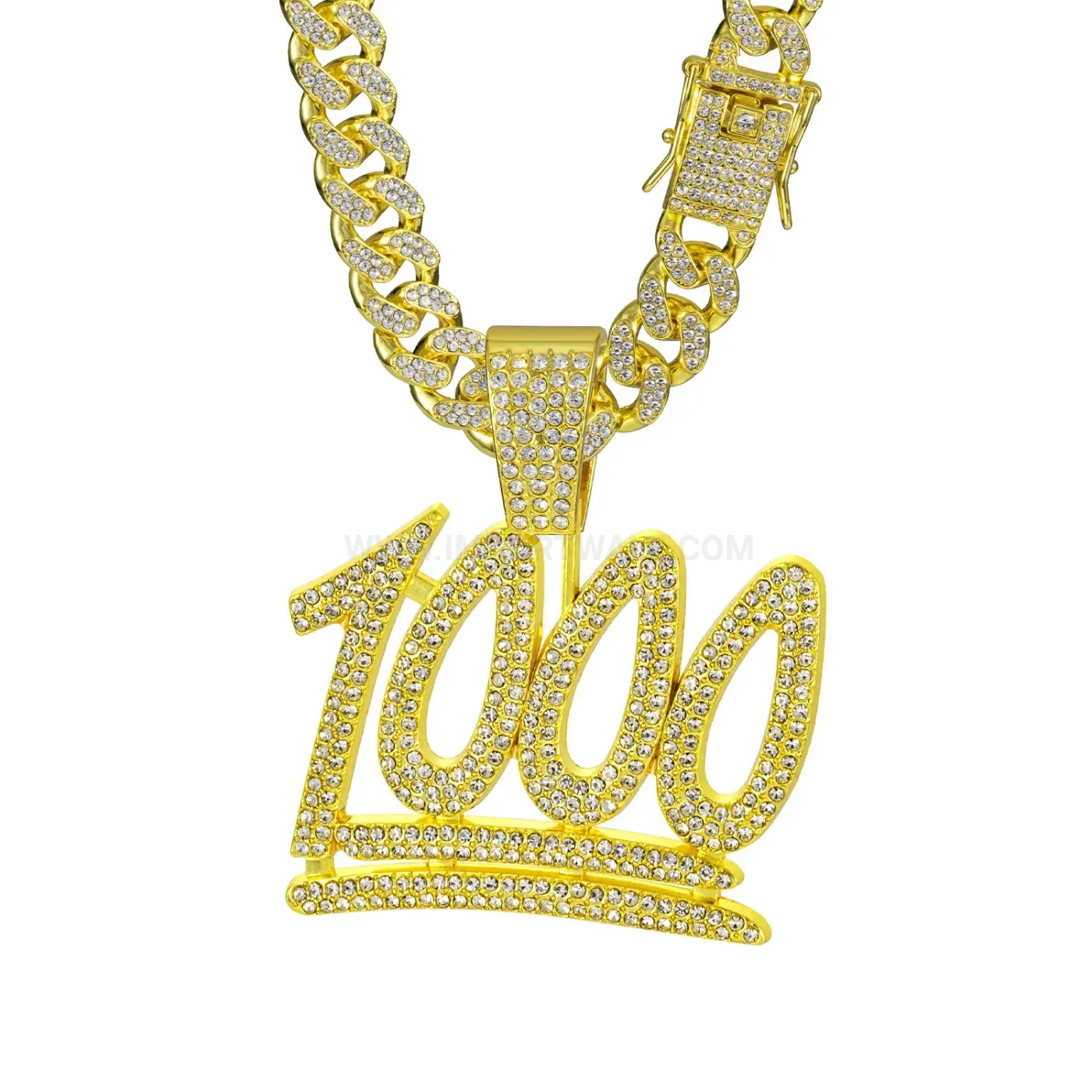 Designer Zinc Alloy Rhinestone 1000 Number Pendant Cuban Chain Necklace