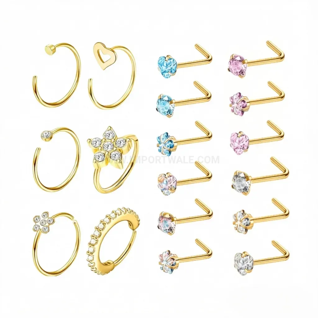 Stylish Stainless Steel L Shaped Nose Stud and Hoop Body Piercing Set