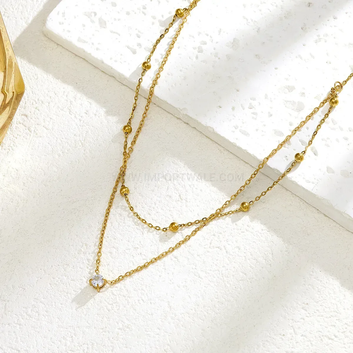 Double Layer Stainless Steel Crystal Pendant Necklace