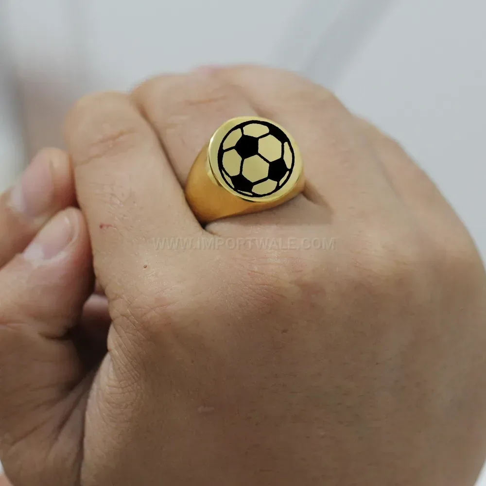 Classic Laser Engraved Football Pattern Stainless Steel Round Signet Ring