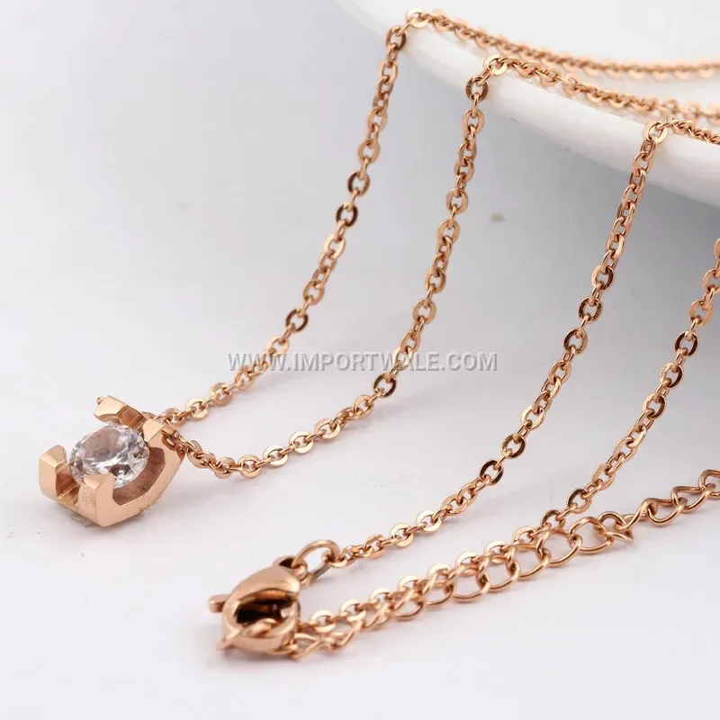 Rose Gold Stainless Steel Square Cubic Zirconia Pendant Necklace