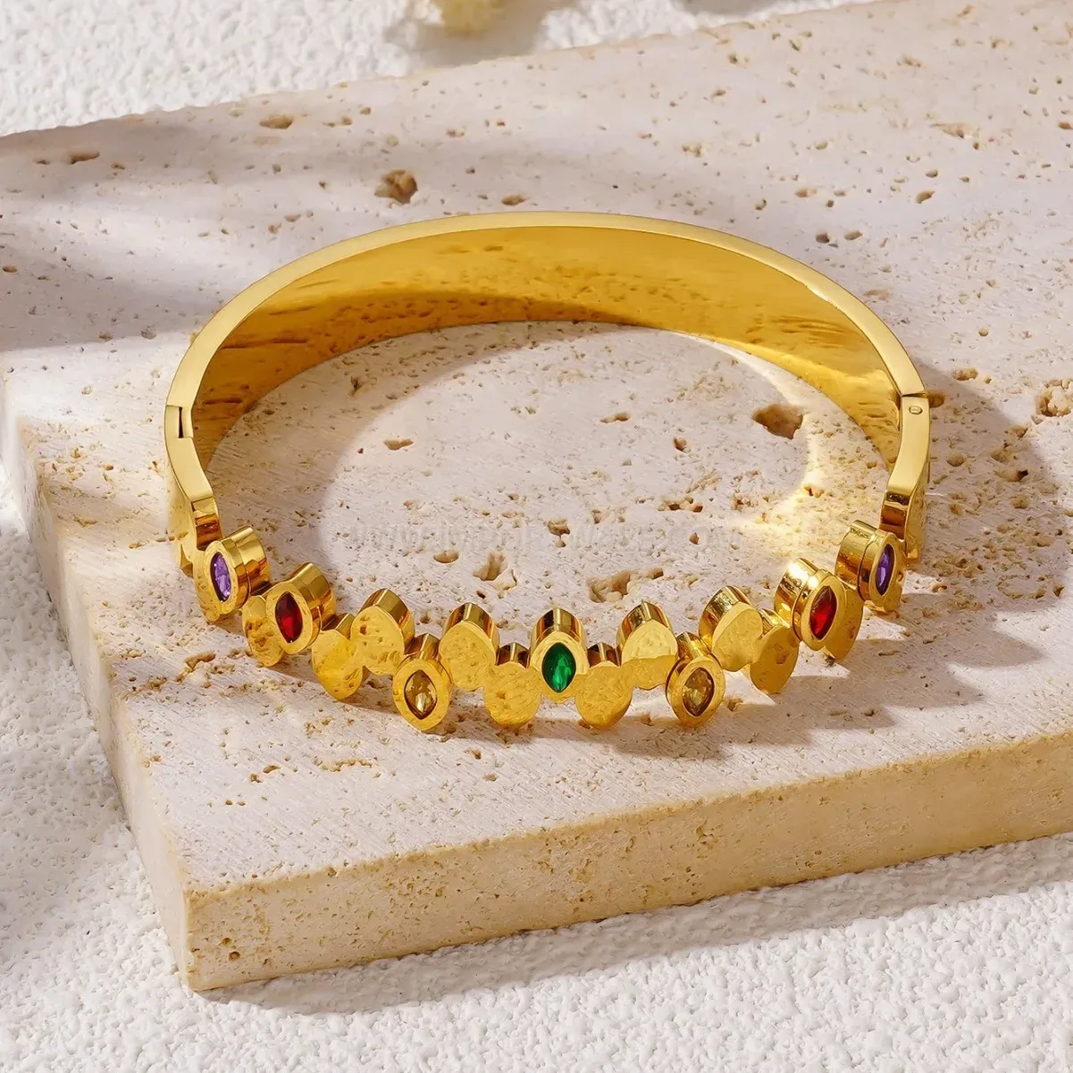 Gold-Plated Oval Stainless Steel Bangle with Colorful Zirconia