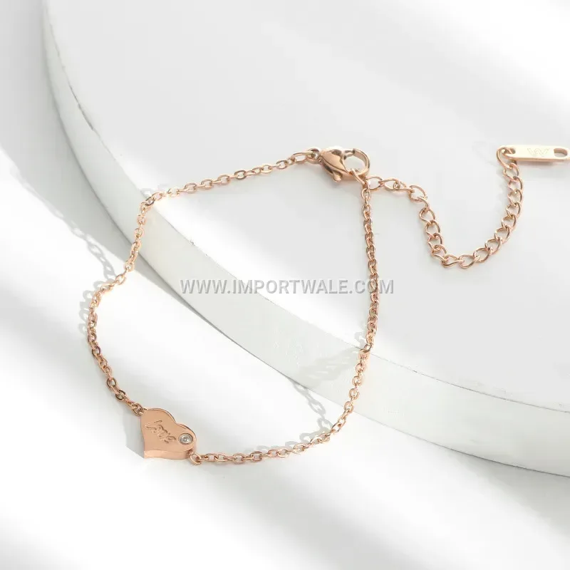 Minimalist Rose Gold Heart Charm Rhinestone Bracelet
