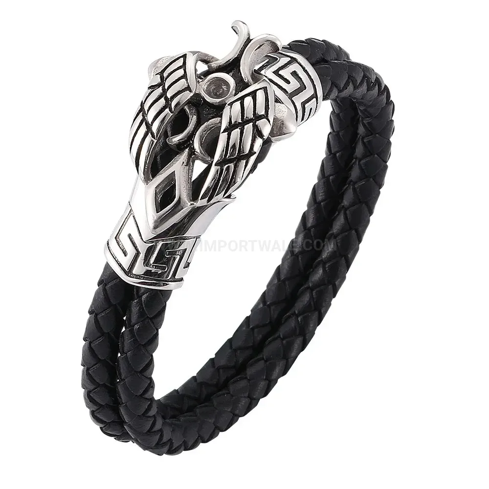 Vintage Stainless Steel Wing and Cross Leather Bracelet
