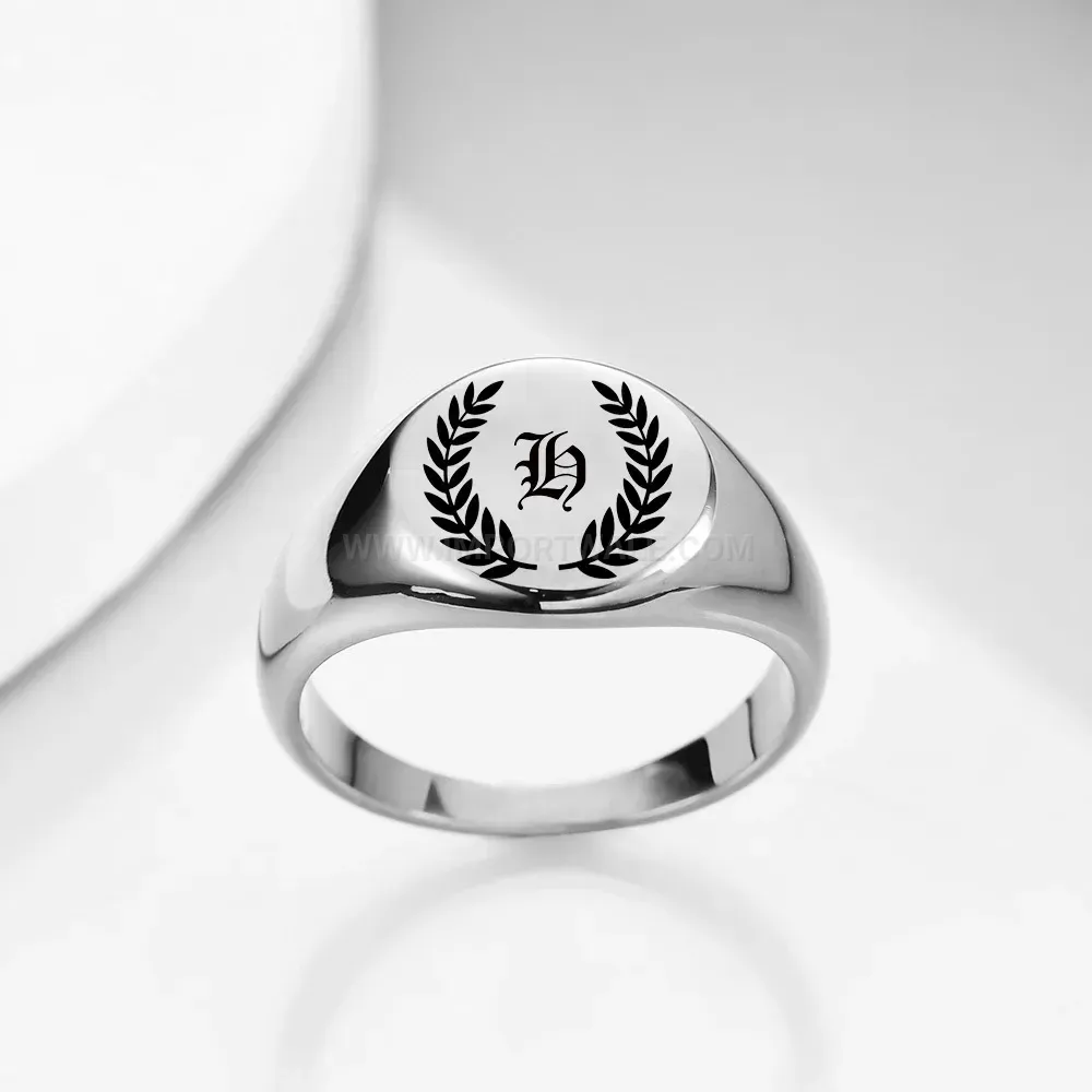 Classic Engraved Initial Leaf Circular Stainless Steel Signet Ring