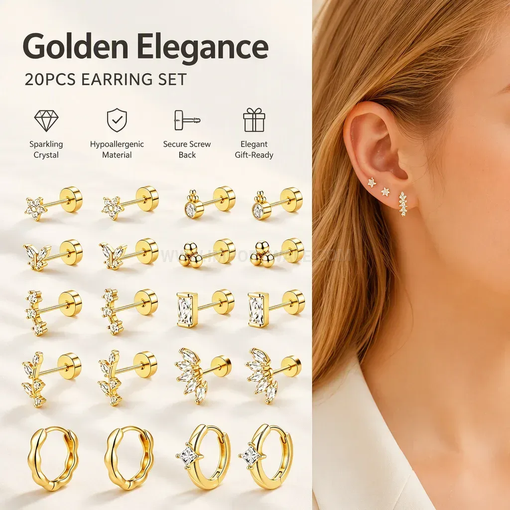 Chic Geometric Stainless Steel Zircon Wave Screw Cartilage Piercing Set