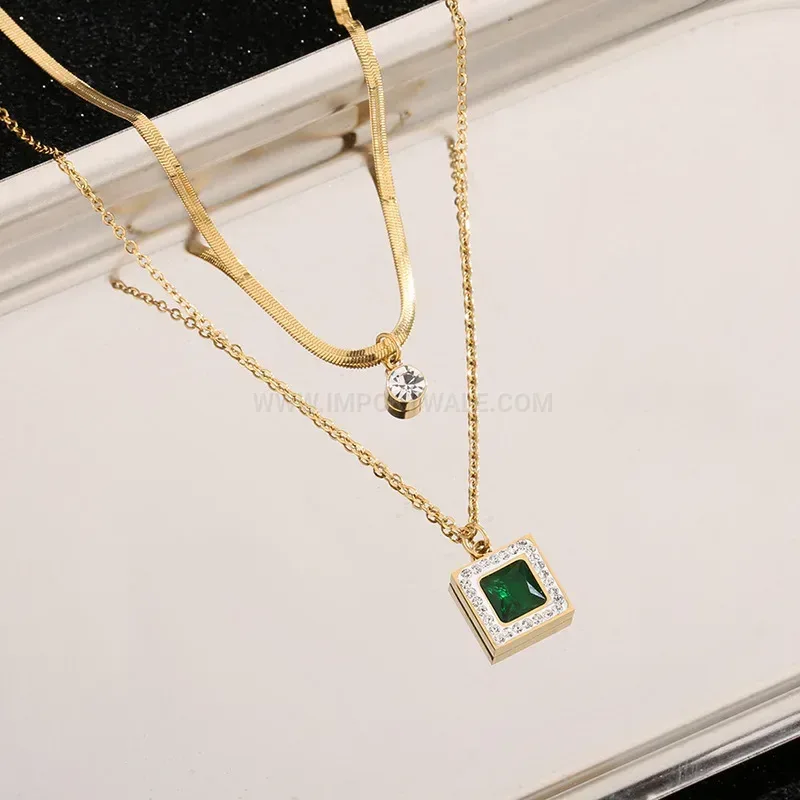Layered Titanium Steel Green Stone Geometric Pendant Necklace