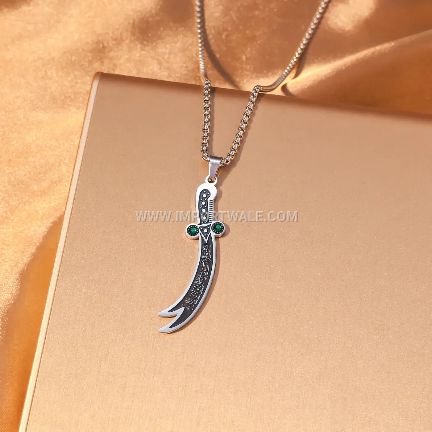 Stainless Steel Zulfiqar Sword Pendant Necklace with Zircon Accents
