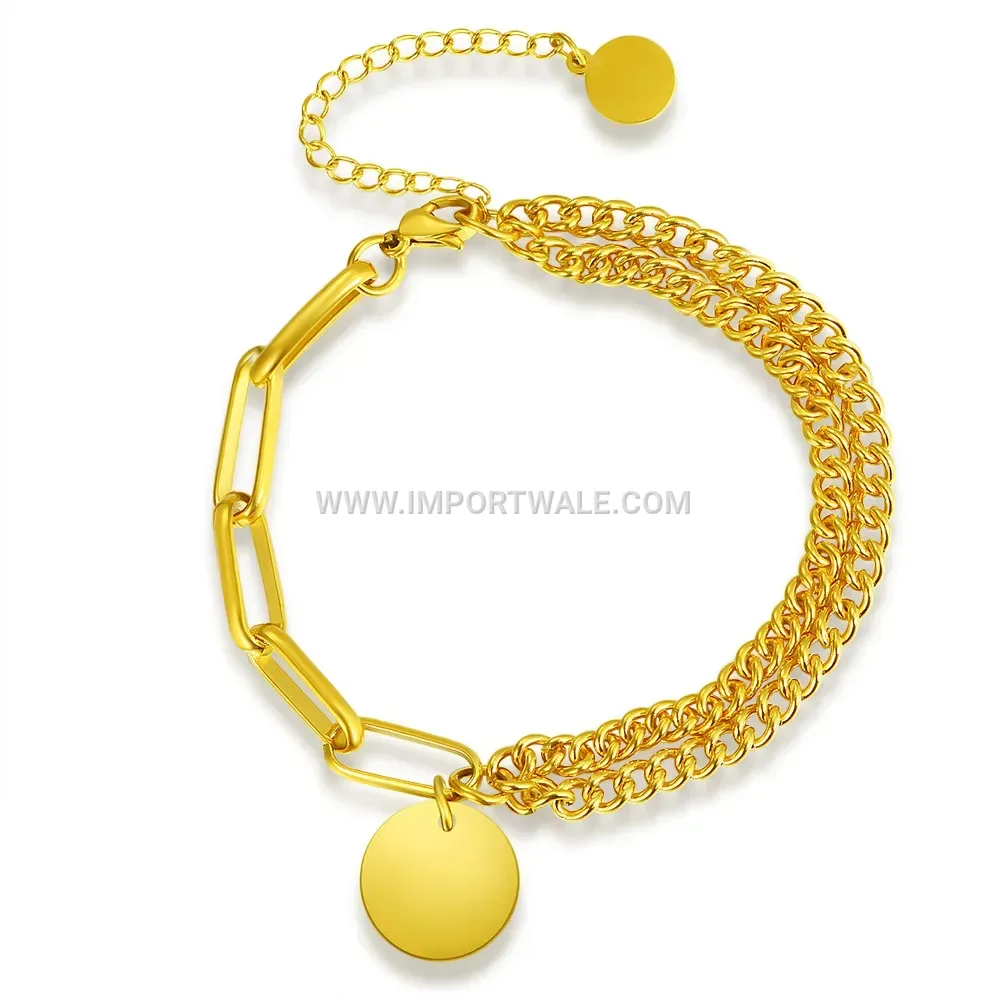 Double-Layer Stainless Steel Chain Bracelet with Disc Charm