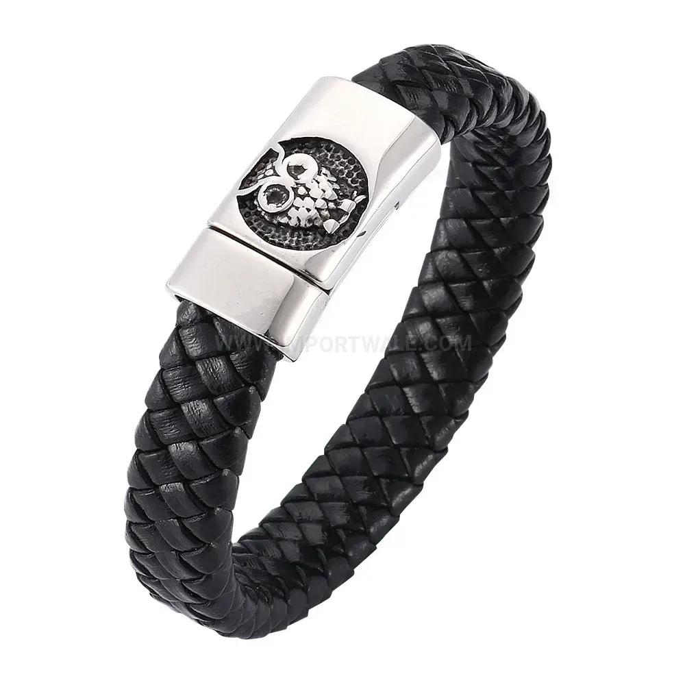 Black Leather Bracelet with Stainless Steel Owl Magnetic Clasp
