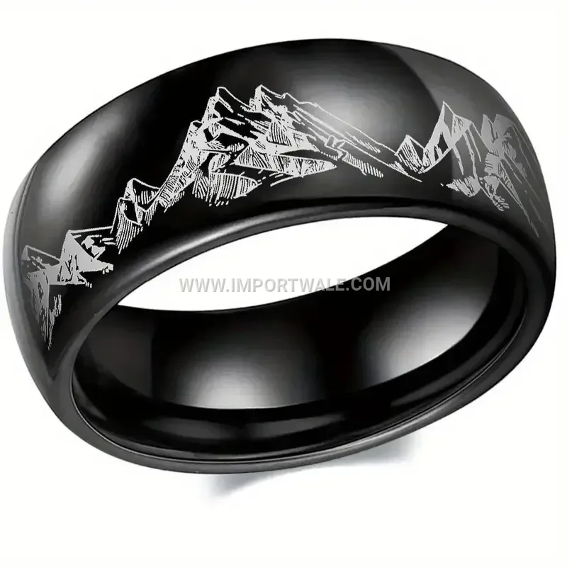 Laser Engraved Mountain Peak Stainless Steel Band Ring