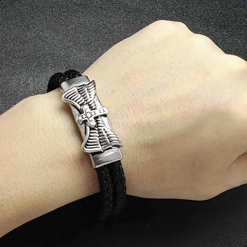 Designer Men's Stainless Steel Cross Wing Accent Two-Tone Leather Bracelet