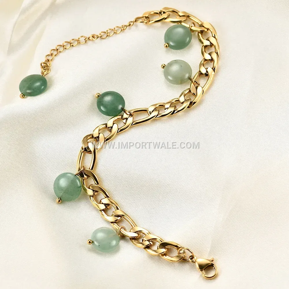 Green Natural Stone Tassel Figaro Chain Stainless Steel Bracelet