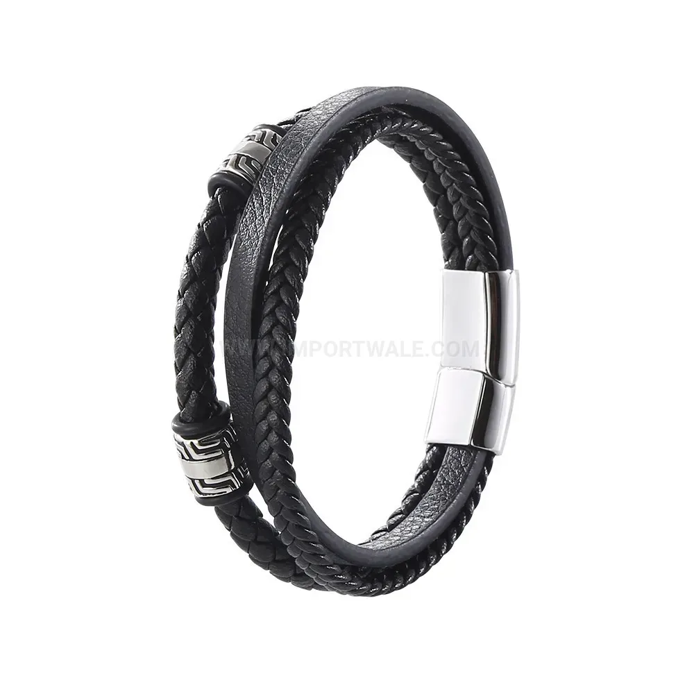 Woven Leather Bracelet with Stainless Steel Magnetic Clasp