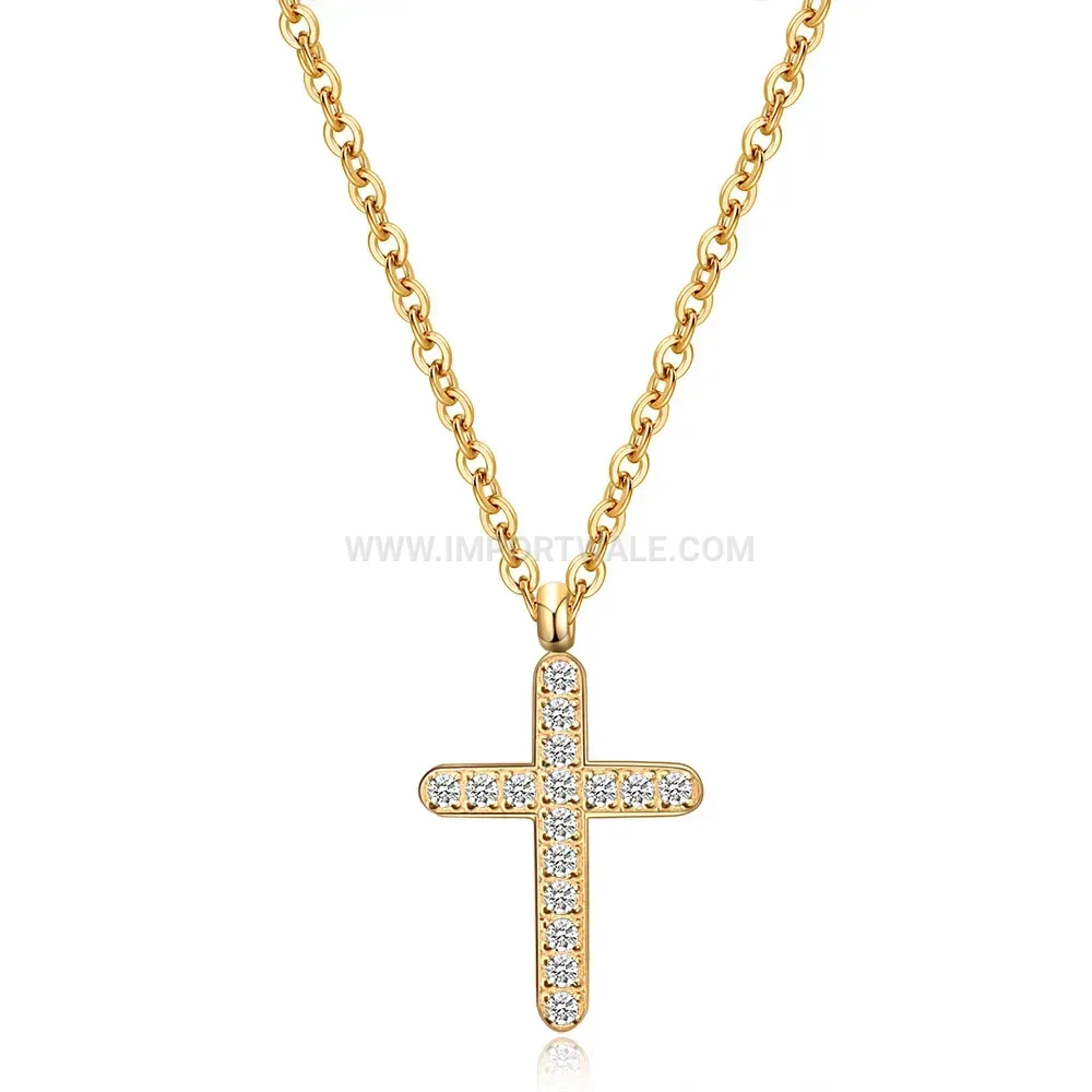Rhinestone Cross Stainless Steel Collar Necklace in 18K Gold Finish
