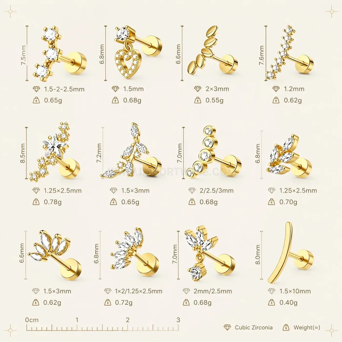 Fashion Zircon Heart Flat Back Stainless Steel Ear Cartilage Stud