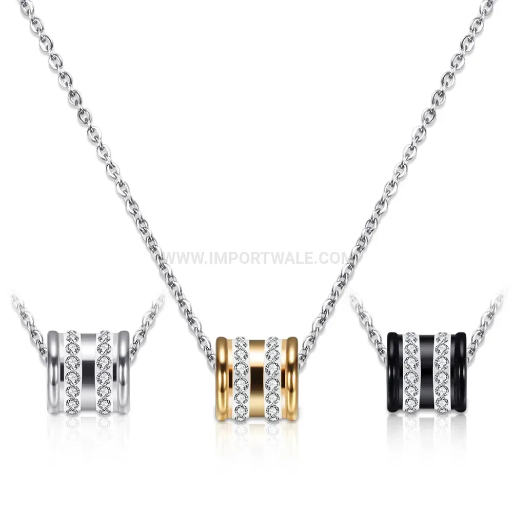 Stainless Steel Double Row Rhinestone Round Pendant Collar Necklace