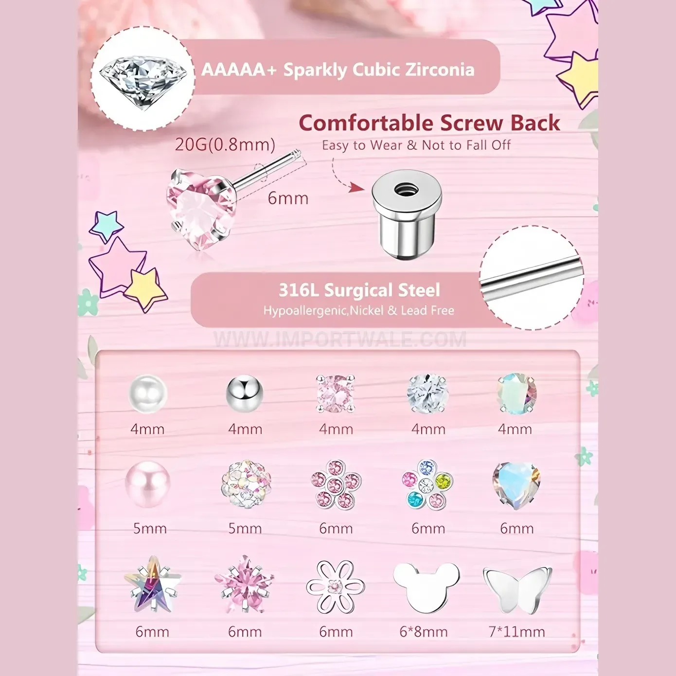 Modern Stainless Steel Heart Floral Flat Back Piercing Stud Set
