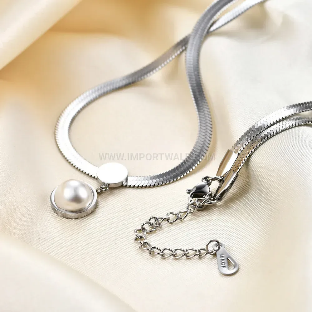 Flat Snake Chain Faux Pearl Stainless Steel Choker Necklace