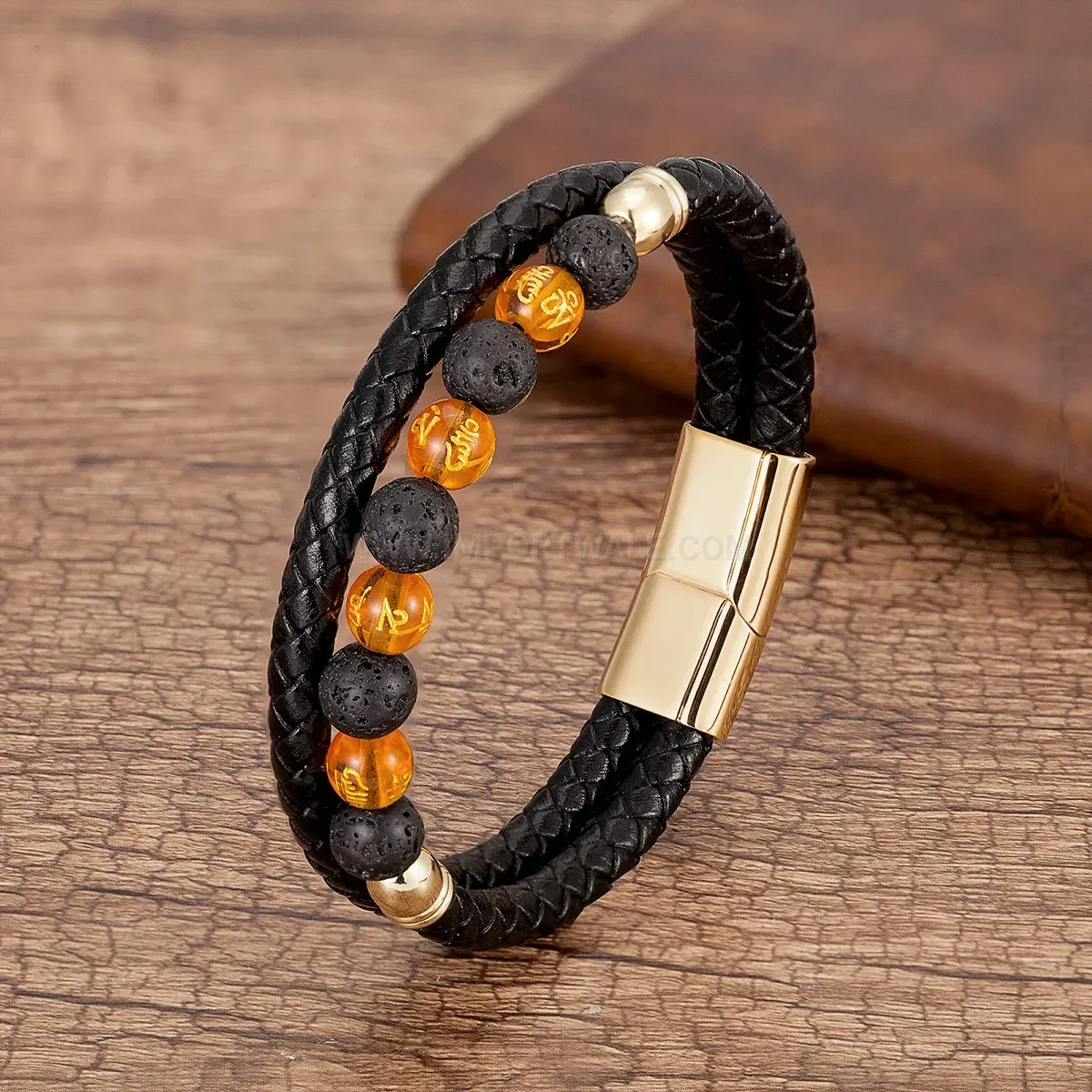 Woven Leather Stone Bead Wristband with Stainless Steel Closure