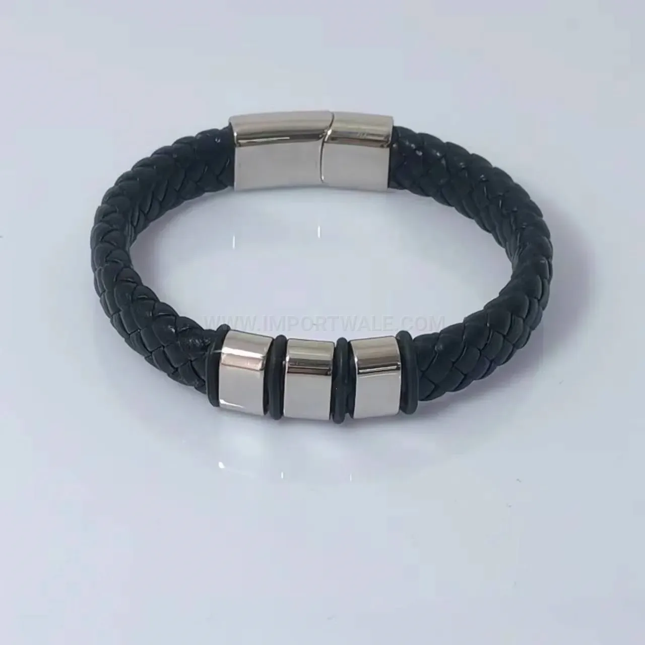 Minimalist Black Leather Strap Stainless Steel Accent Wristband for Men