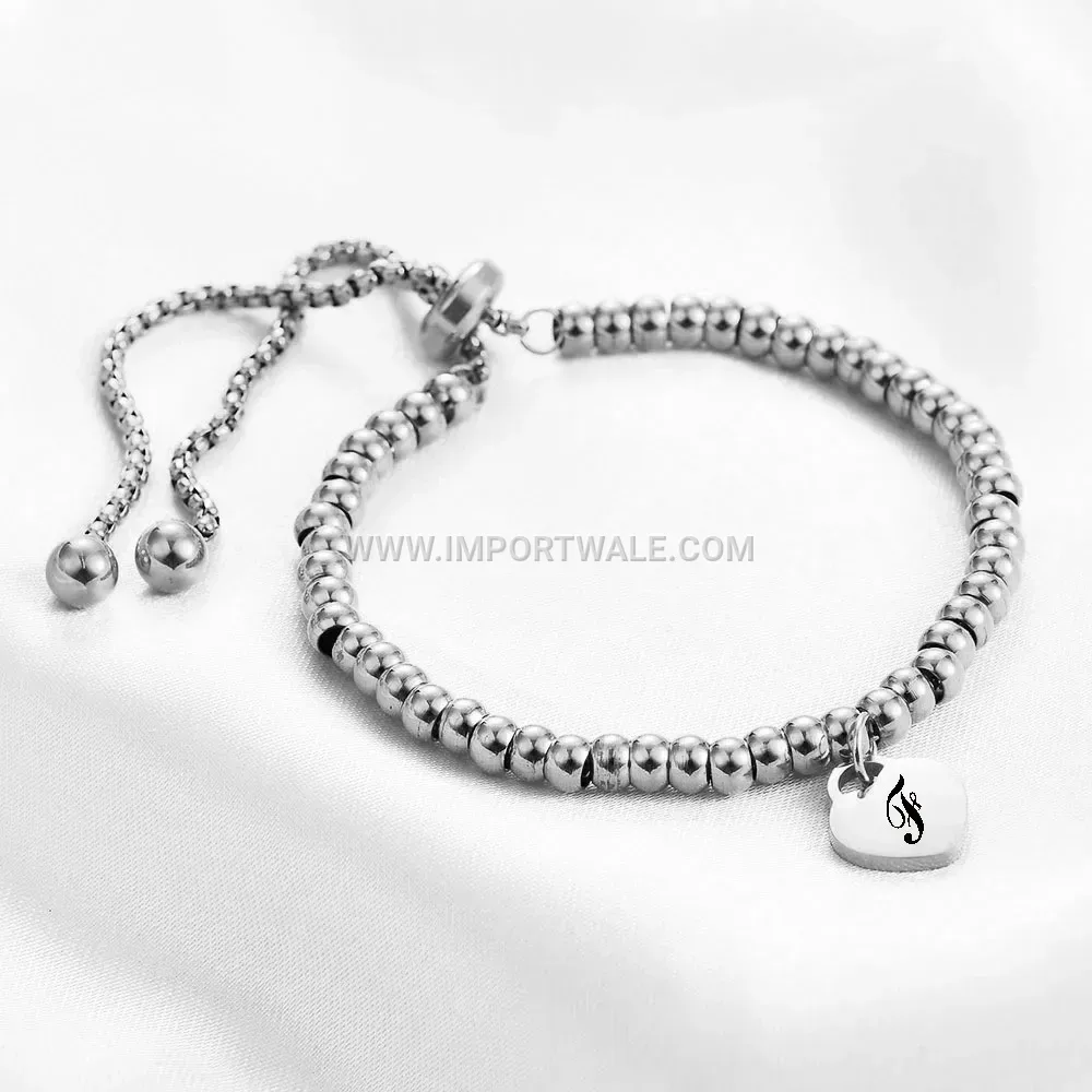 Stainless Steel Beaded Adjustable Initial Heart Bracelet