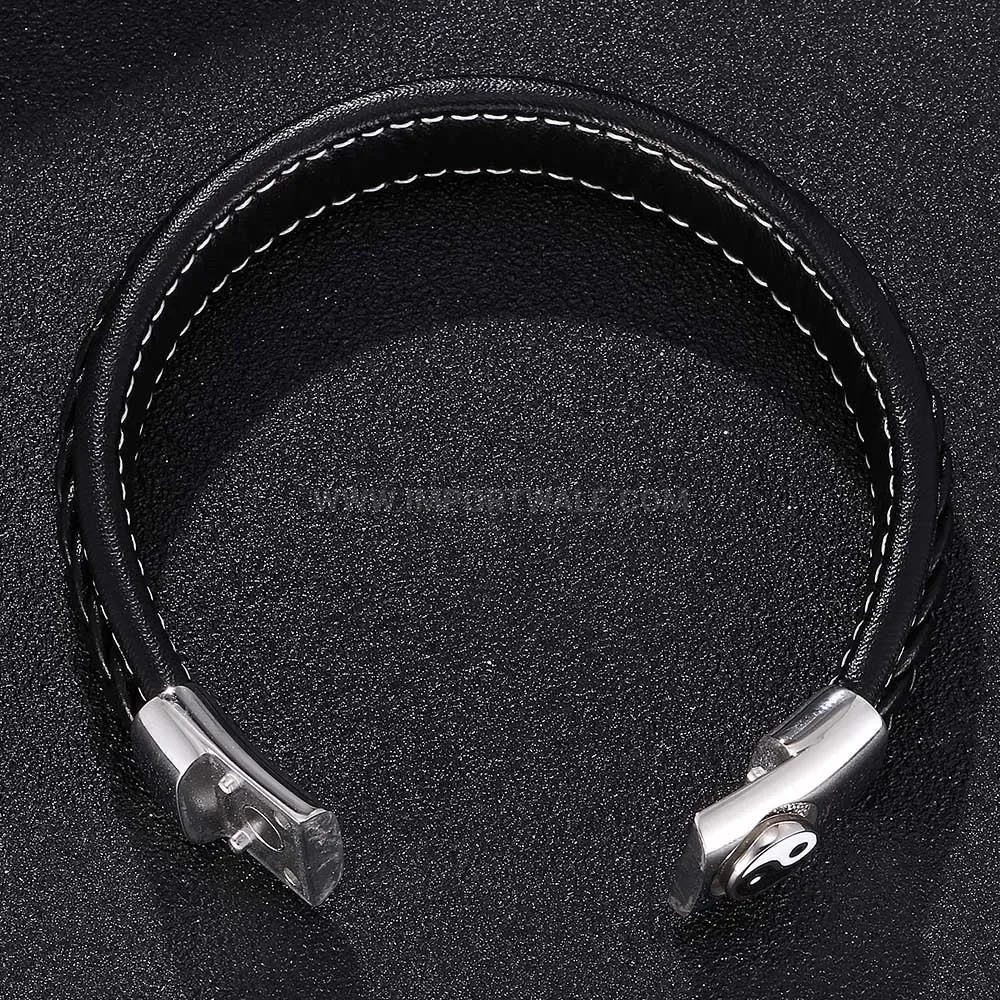 Woven Black Leather Cuff Bracelet with Stainless Steel Symbol Clasp
