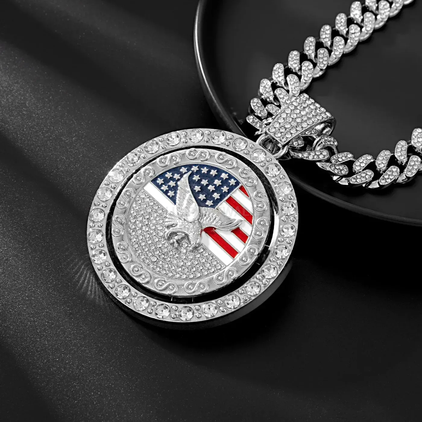 Classic Spinning American Bald Eagle Flag Cuban Pendant Necklace