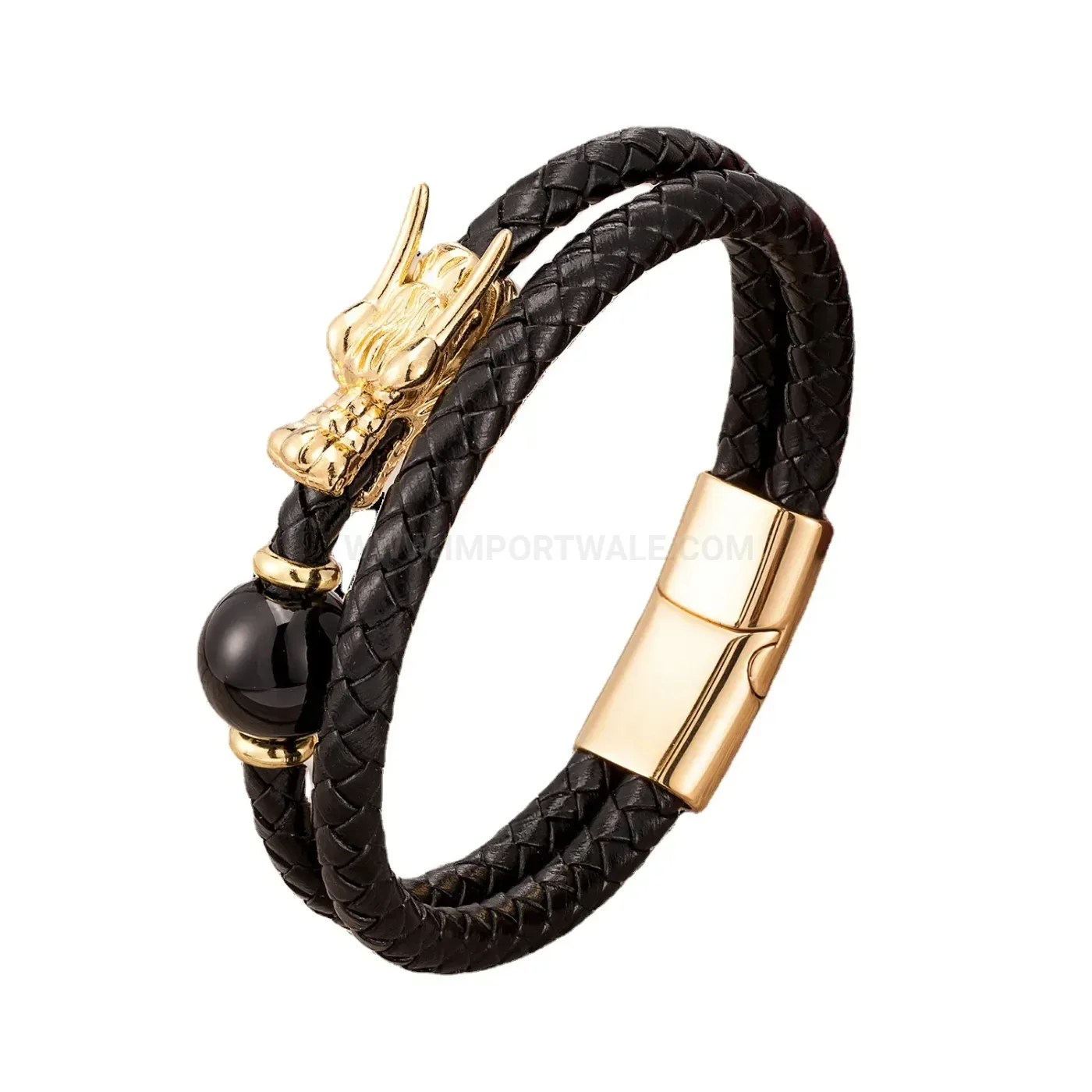 Dragon Head Double Strand Leather Stone Bracelet with Stainless Clasp