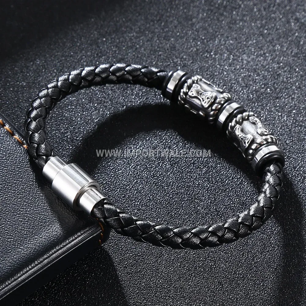 Handmade Leather and Stainless Steel Beaded Men Bracelet