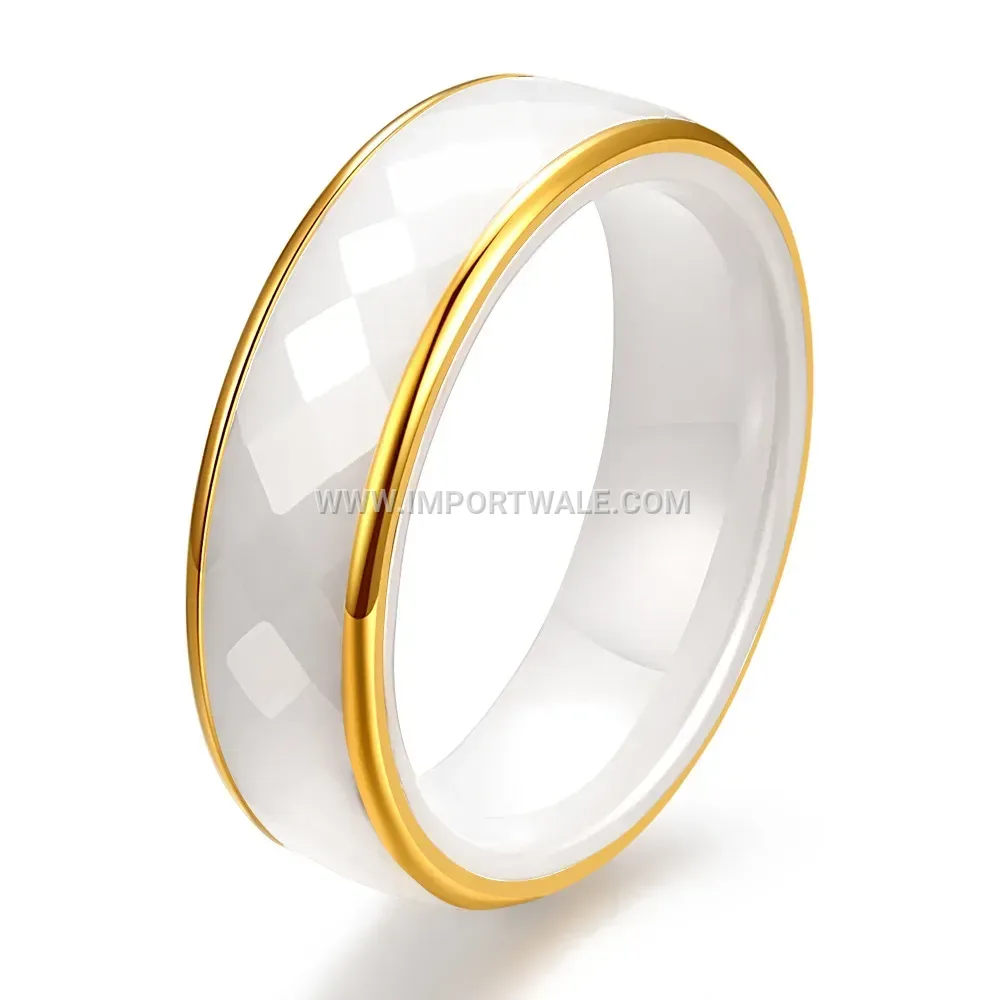 Gold Trimmed Diamond Cut Ceramic Ring