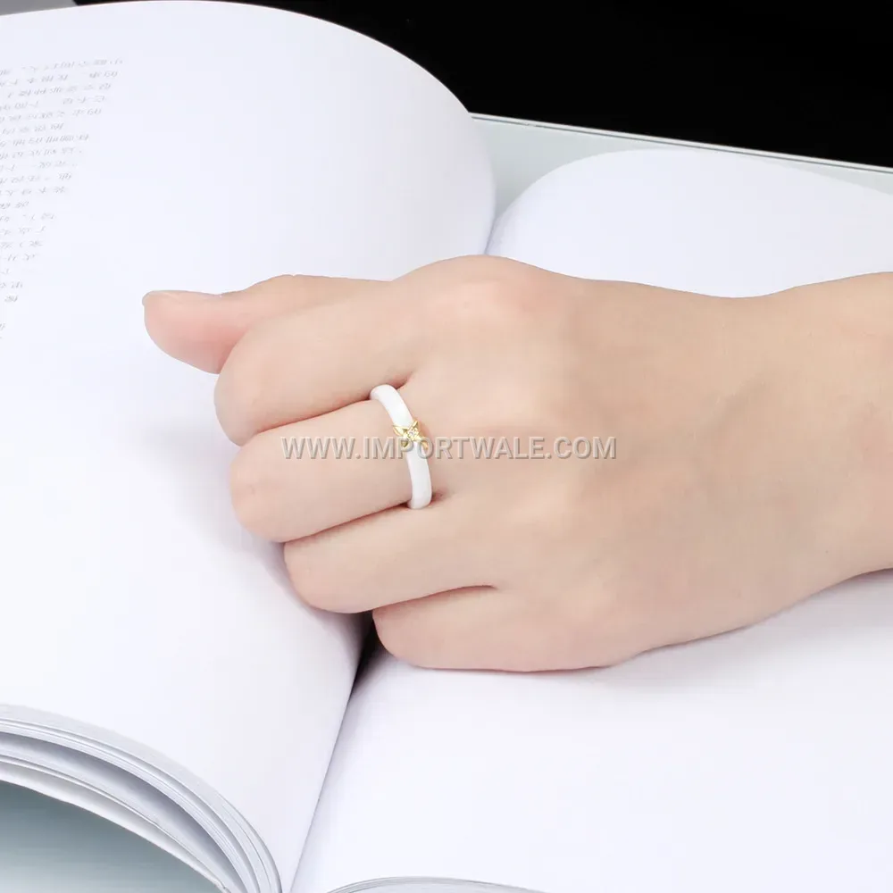 Elegant X-Cross Polished Ceramic Rhinestone Accent Ring