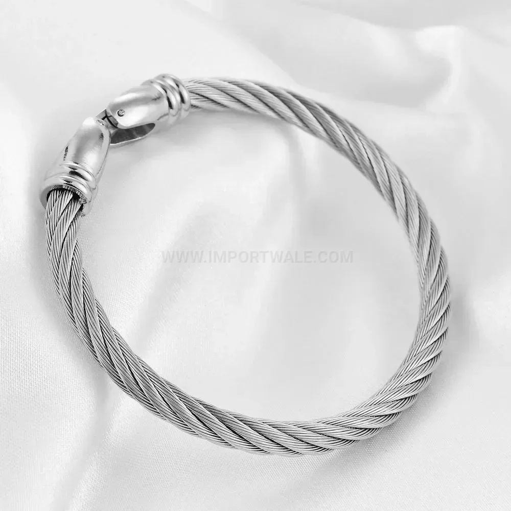 Classic Twisted Stainless Steel Wire Cable Bangle With Clasp Accent