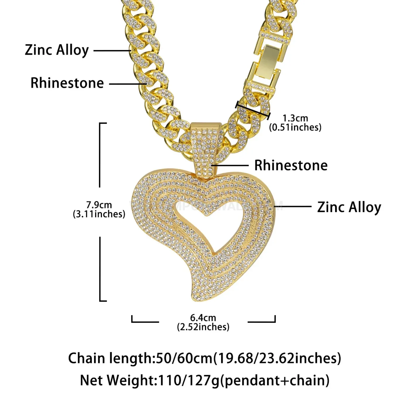 Classic Crystal Heart Alloy Pendant Cuban Chain Necklace