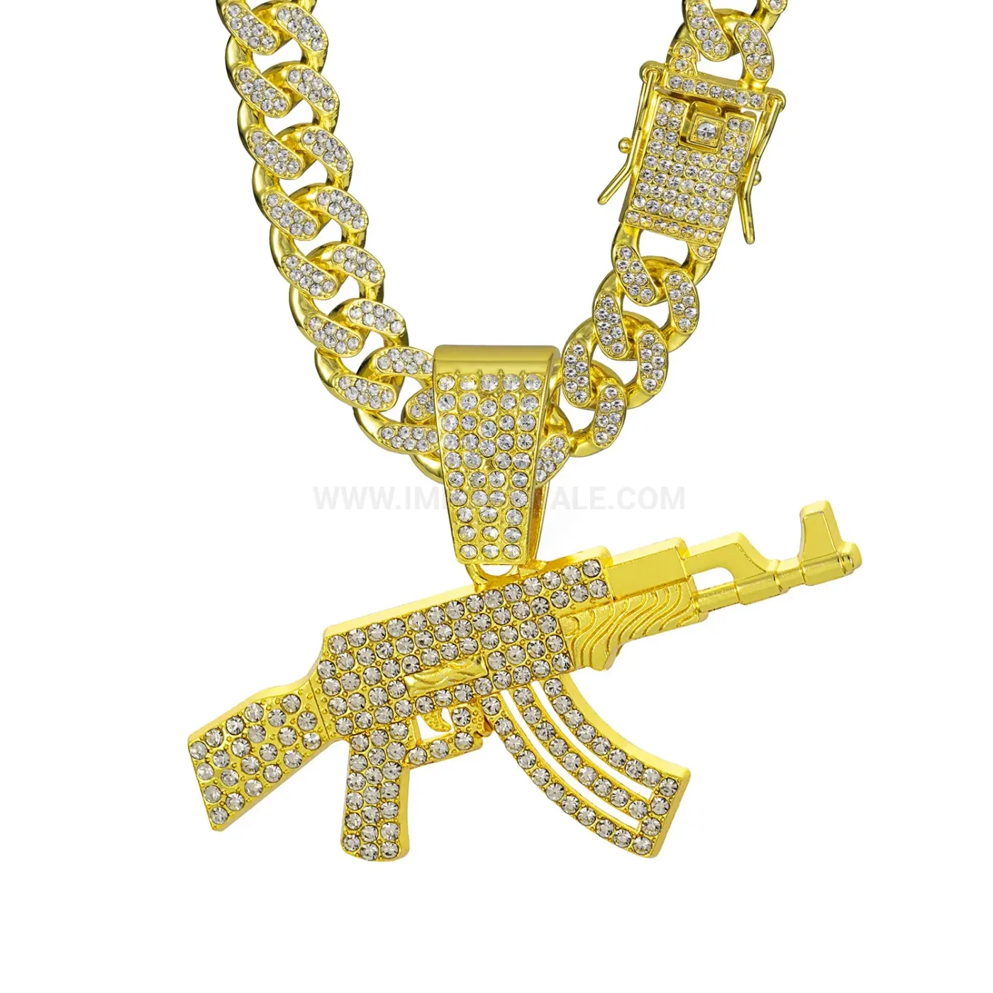 Rhinestone AK47 Rifle Pendant Hip Hop Cuban Chain Necklace