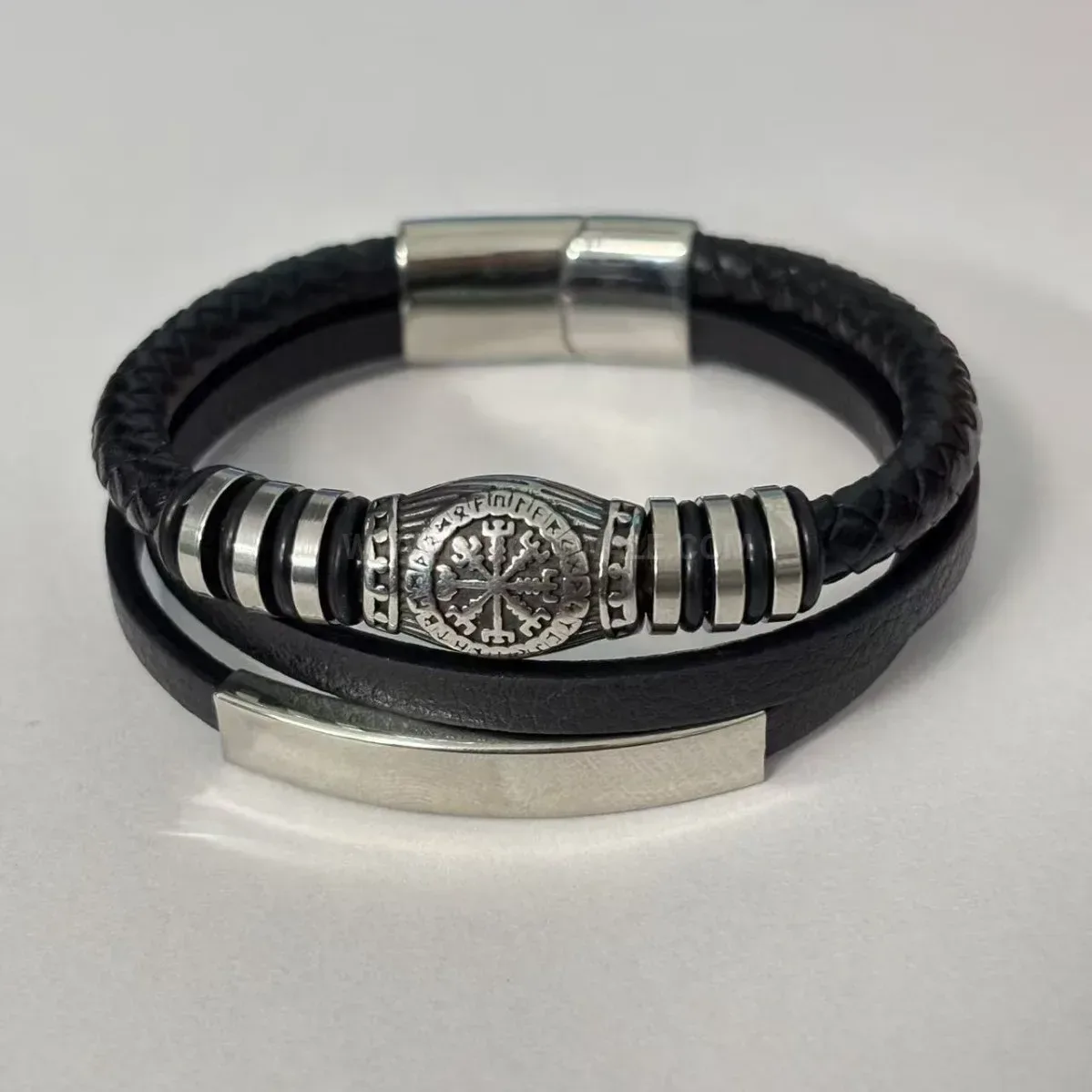 Multi-Layer Braided Black Leather Stainless Steel Viking Clasp Bracelet