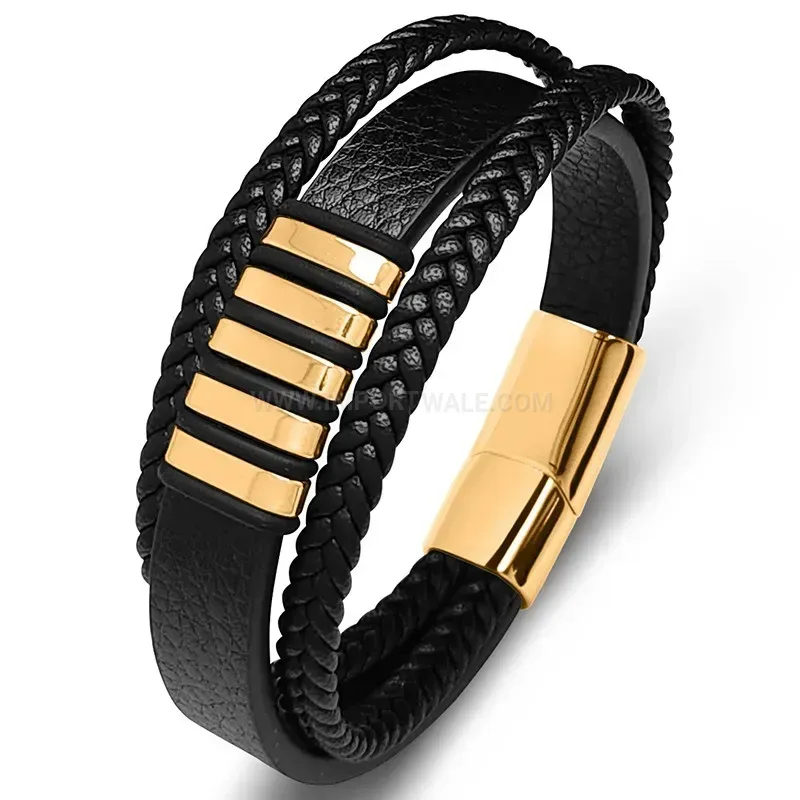Fashion Woven Leather Wrap Bracelet with Plated Metallic Accent