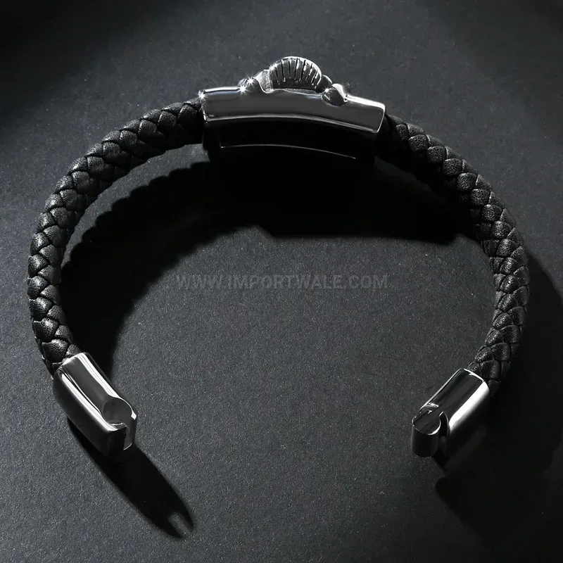 Bold Men's Stainless Steel Skull Accent Leather Bracelet