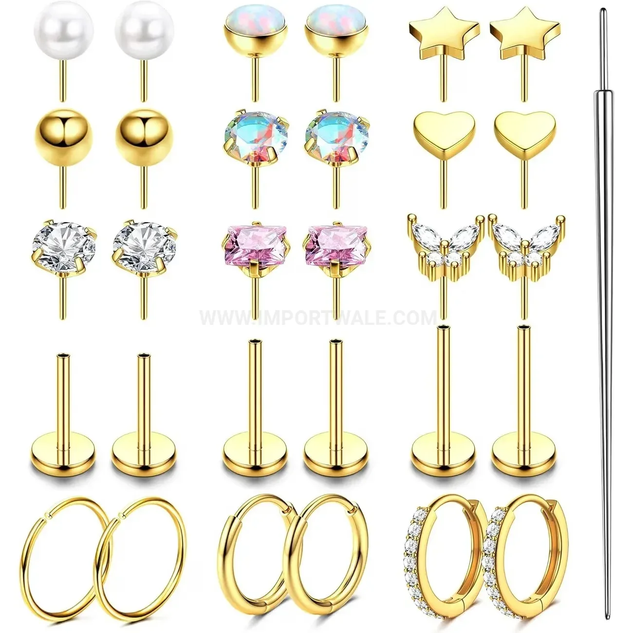 Stylish Flat Back Rhinestone Stainless Steel Piercing Stud Earring Set