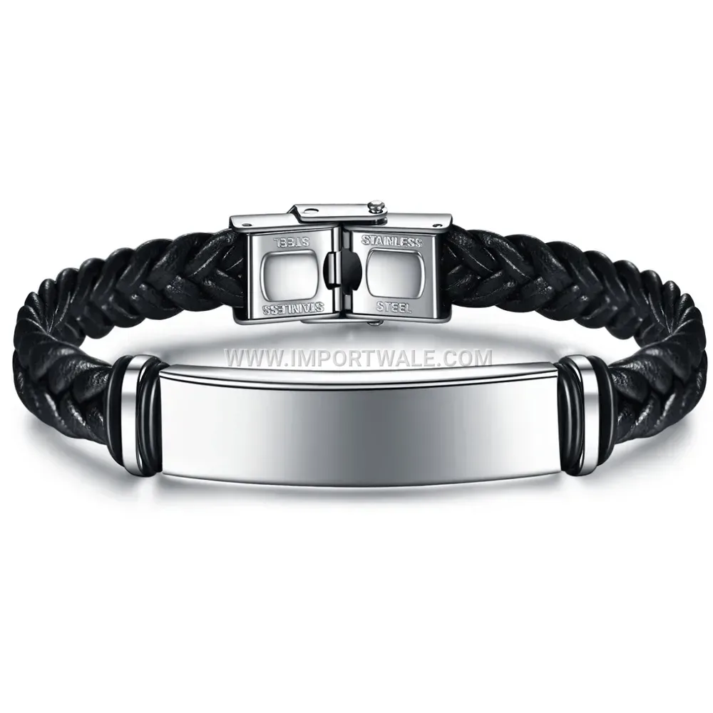 Braided Leather and Stainless Steel Bangle Bracelet