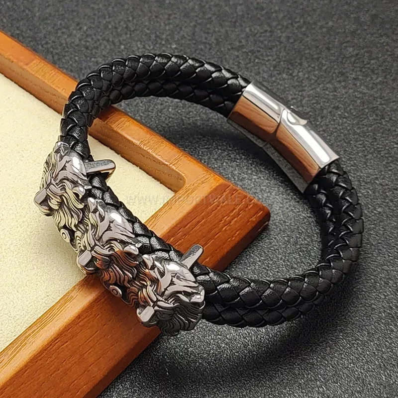 Classic Dual Tone Leather Lion Stainless Steel Men Bracelet