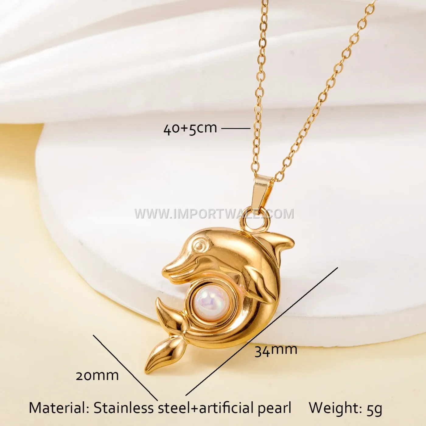 18K Gold Plated Stainless Steel Imitation Pearl Pendant Link Necklace