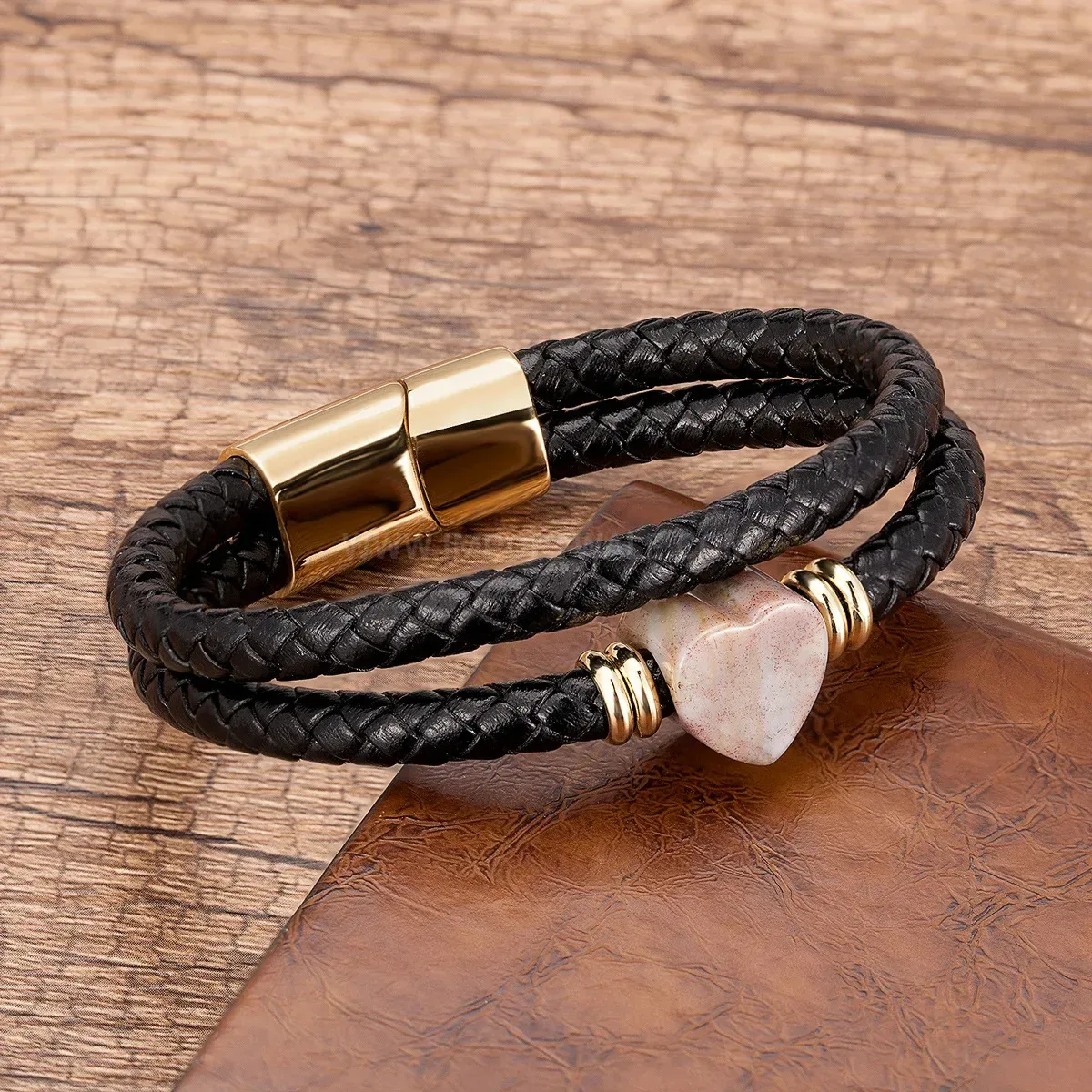 Braided Leather Couple Charm Bracelet with Stainless Steel Clasp