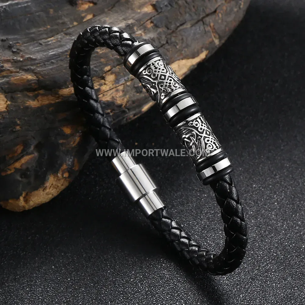 Carved Stainless Steel Viking Pattern Genuine Leather Bracelet