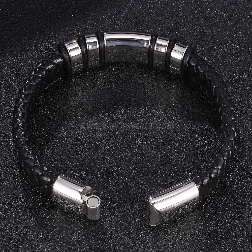 Geometric Stainless Steel Leather Bracelet with Laser Engraving