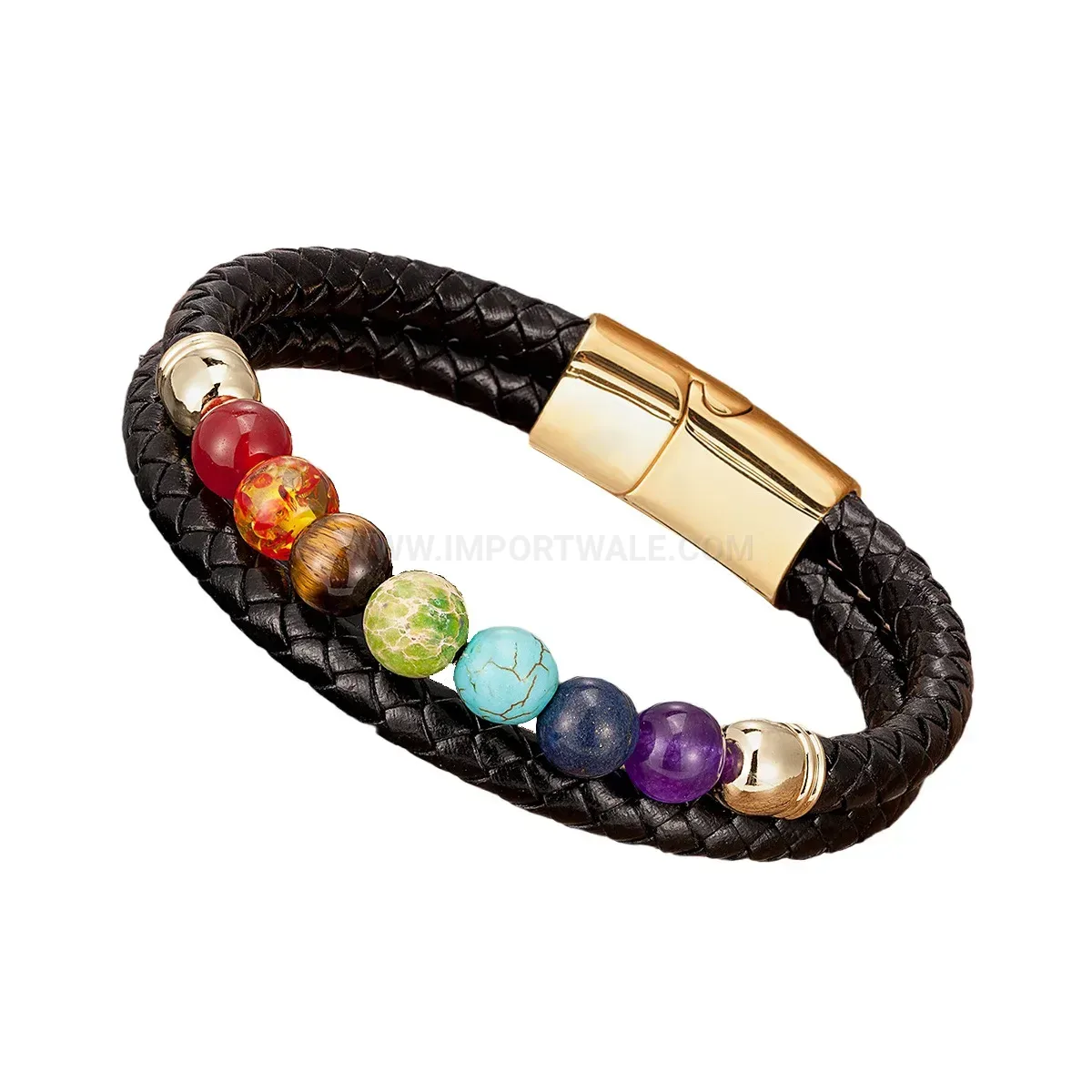 Braided Leather Stone Bead Stainless Steel Bracelet