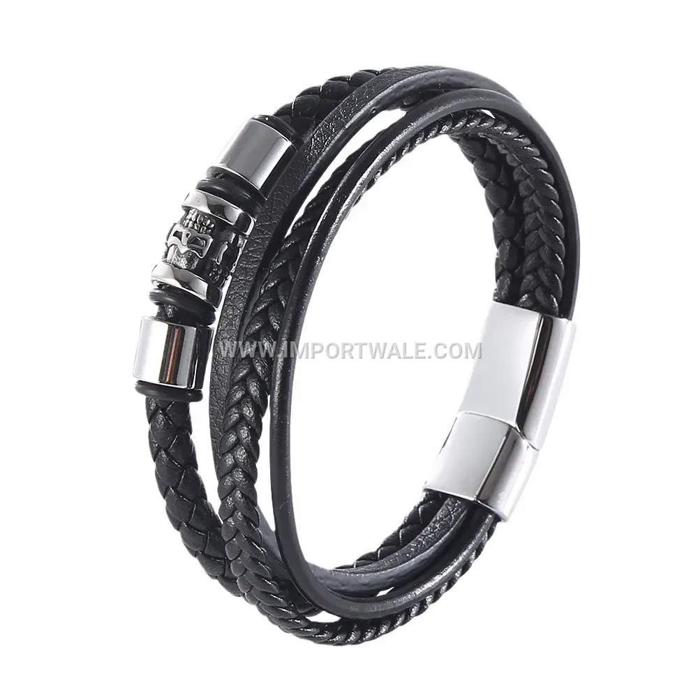 Multi-Layer Braided Black Leather Wristband with Steel Magnetic Clasp