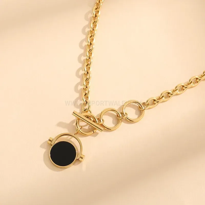 Bold Gold Plated Titanium Steel Rotating Circular Medallion Tassel Necklace