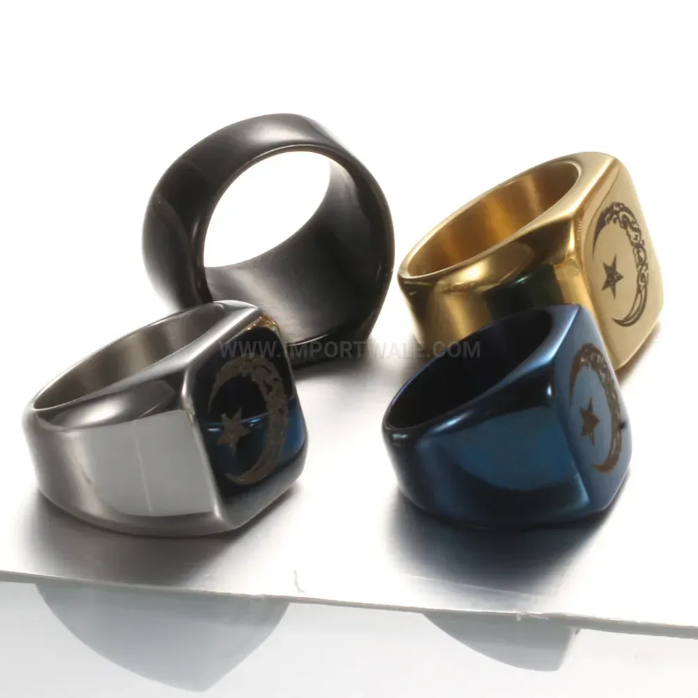 Trendy Celestial Star and Moon Square Stainless Steel Ring